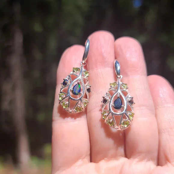 Peridot & Black opal 925 sterling silver earrings - Picture 6 of 8